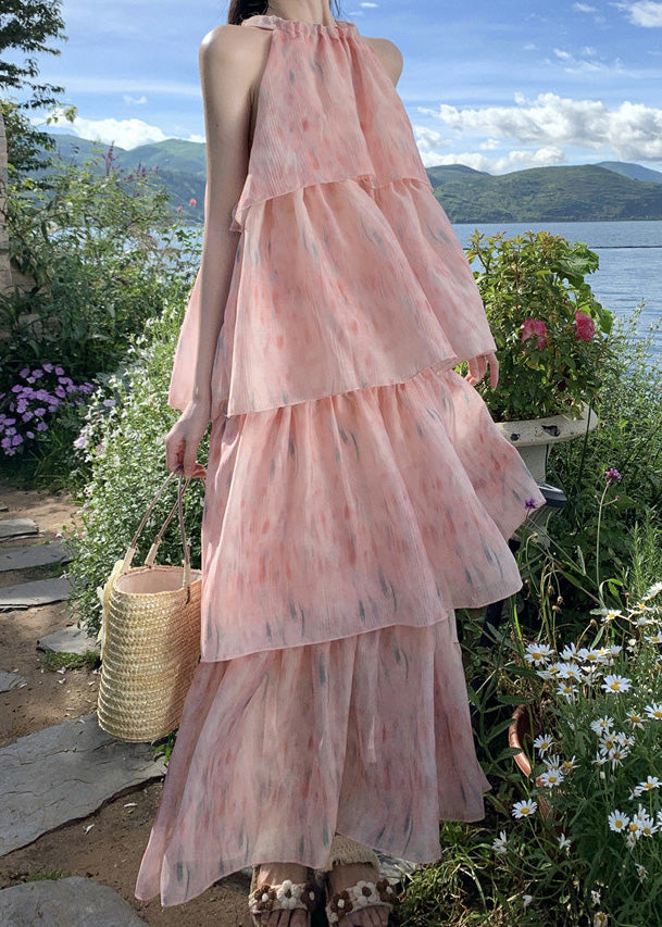 Robe en mousseline de soie froissée à imprimé rose sans manches XX058