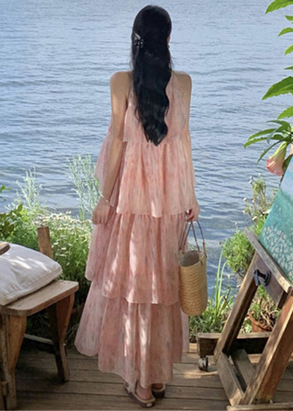 Robe en mousseline de soie froissée à imprimé rose sans manches XX058