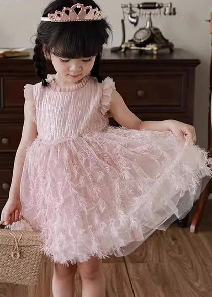 Boutique Pink Ruffled Tulle Patchwork Kids Holiday Feather Mid Dress Sleeveless XZ046