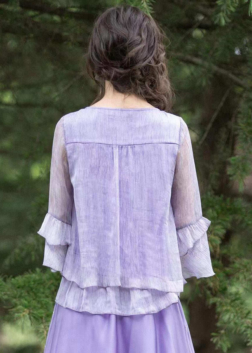 Boutique Purple Ruffled Embroidered Chiffon Blouse Tops Summer BV056