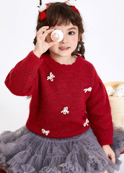 Boutique Red Bow Cotton Knit Girls Sweaters Winter WL038