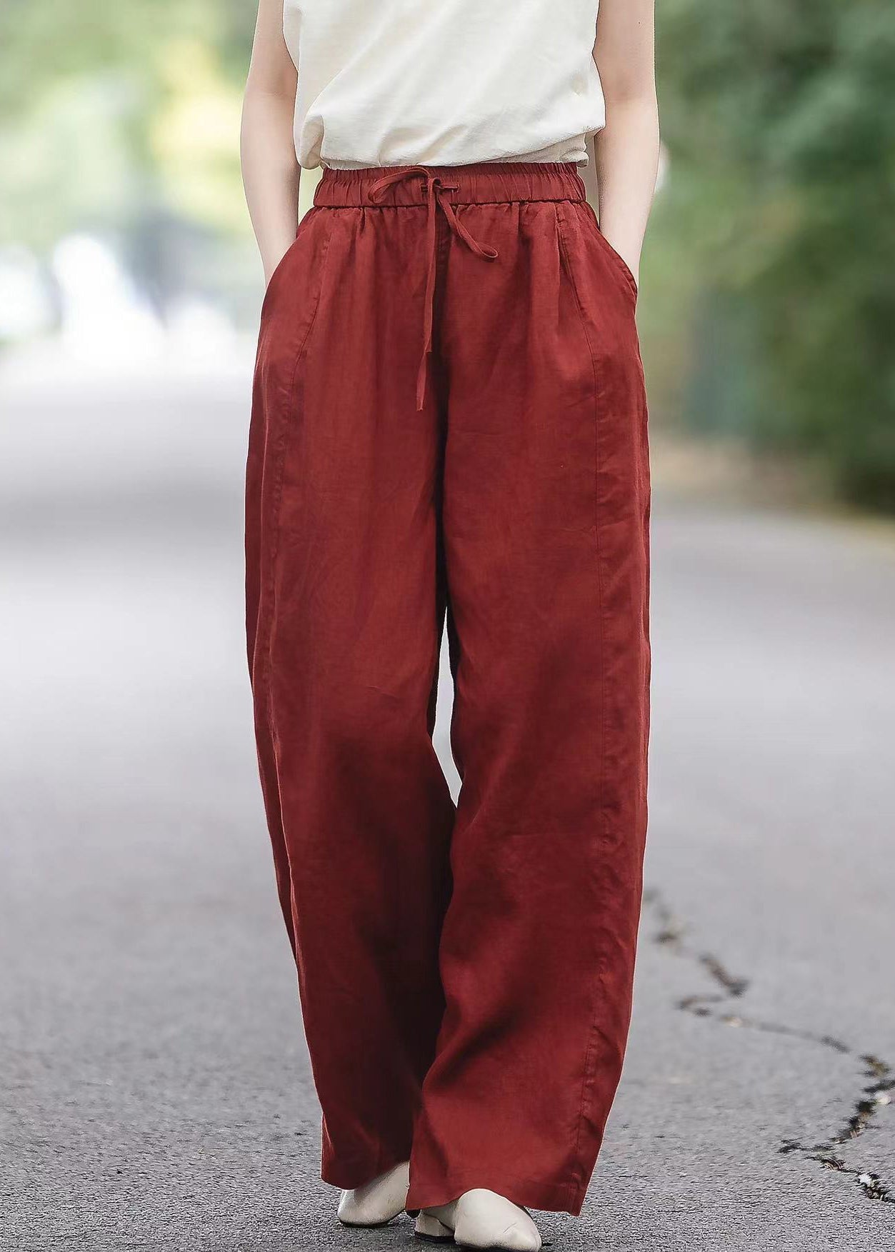Pockets Elastic Pants Red Waist Summer Boutique Linen