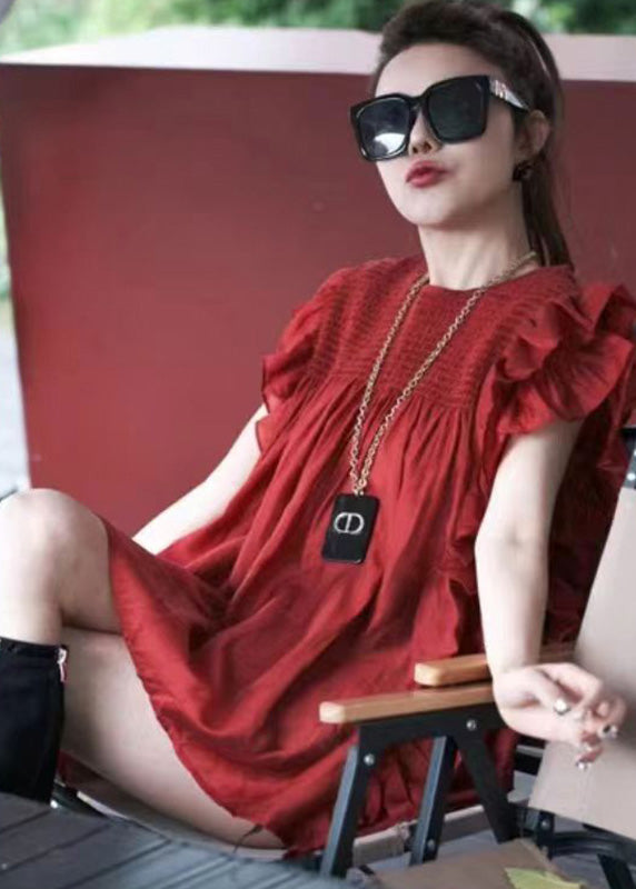 Boutique Red Ruffled Patchwork Chiffon Shirt Summer UU1013