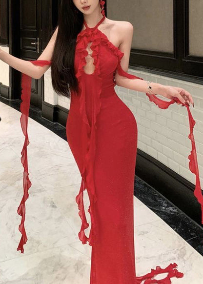 Dress Sexy Red Boutique Long Summer Backless Halter Ruffled