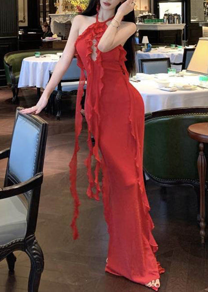 Dress Sexy Red Boutique Long Summer Backless Halter Ruffled