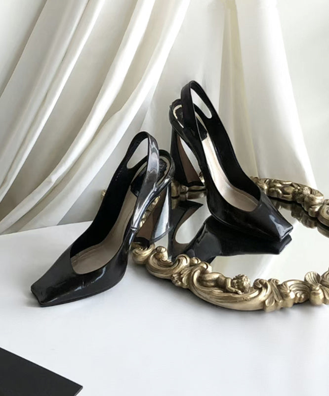 Black Sheepskin High Square Boutique Heel Toe Sandals Splicing