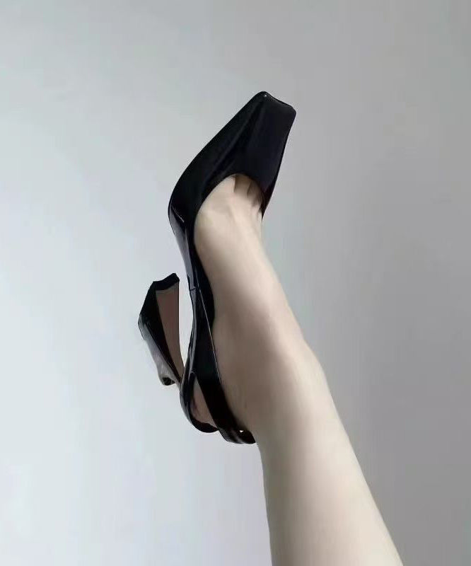 Black Sheepskin High Square Boutique Heel Toe Sandals Splicing