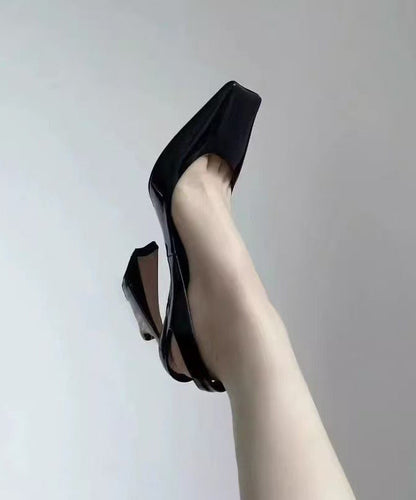 Black Sheepskin High Square Boutique Heel Toe Sandals Splicing