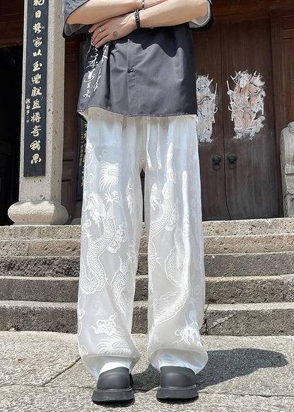 Boutique White Pockets Oriental Print Ice Silk Mens Pants Summer YT051