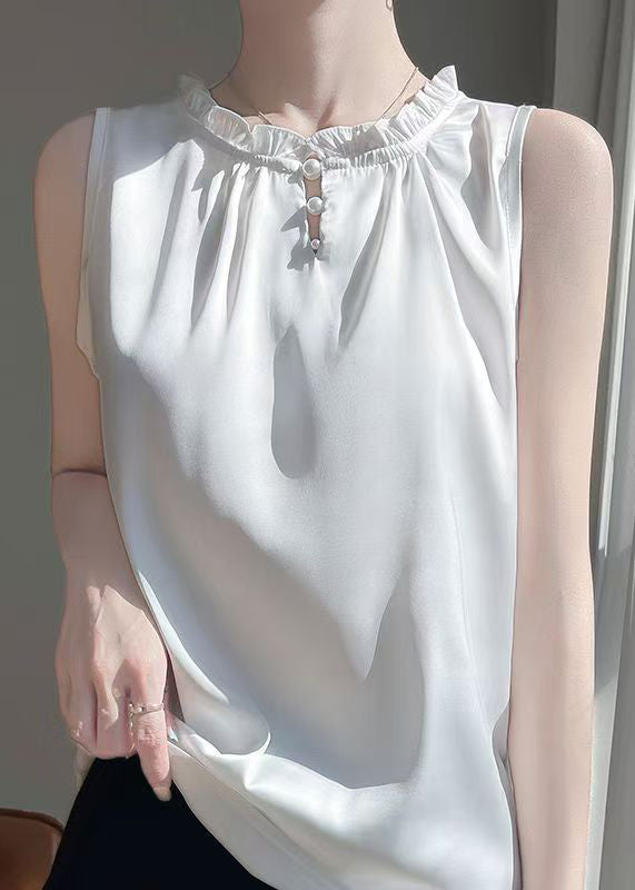 Sleeveless Silk White Boutique Button Ruffled Shirts