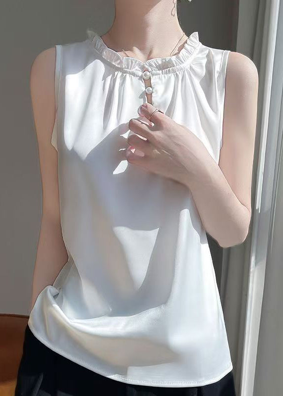 Sleeveless Silk White Boutique Button Ruffled Shirts