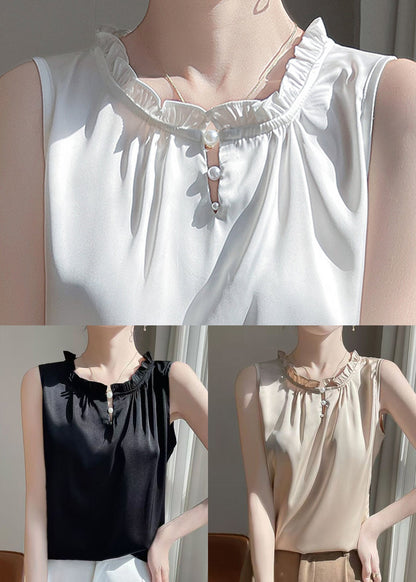 Sleeveless Silk White Boutique Button Ruffled Shirts