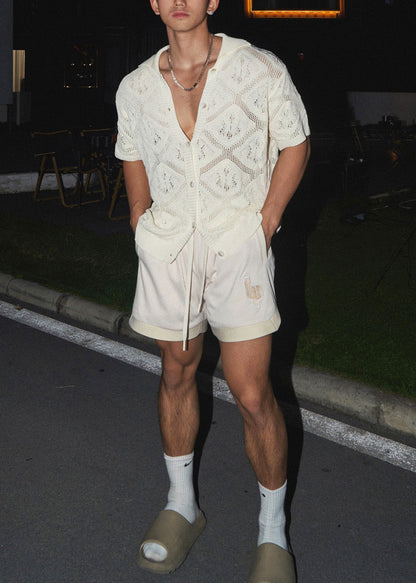 Boutique Shirt Casual Knit Polo Neck V Out Men Hollow White