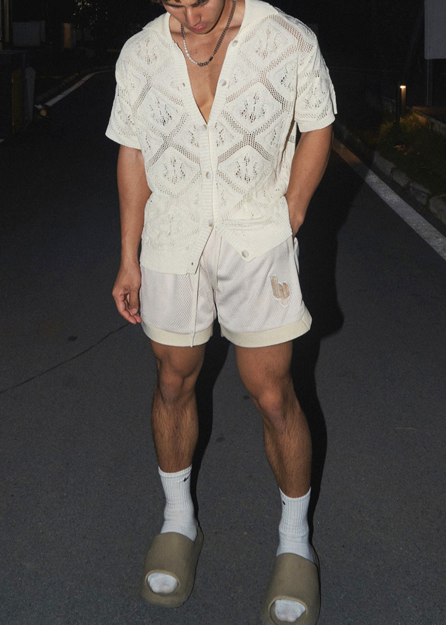 Boutique Shirt Casual Knit Polo Neck V Out Men Hollow White