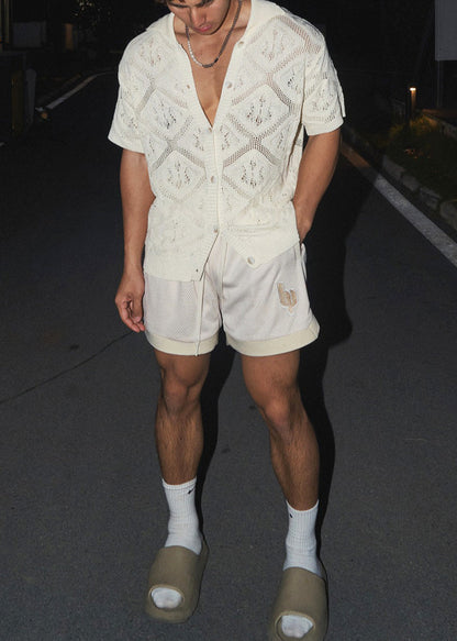 Boutique Shirt Casual Knit Polo Neck V Out Men Hollow White