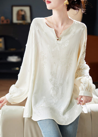Chiffon Sequins White Neck Boutique Nail V Bead Shirt Spring