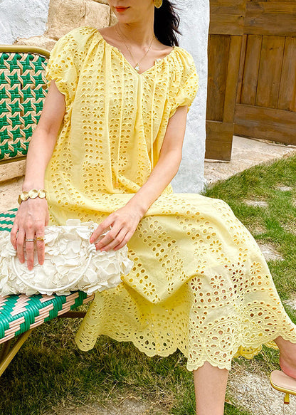 Knitted Boutique O-Neck Out Hollow Yellow Dress Cotton Long
