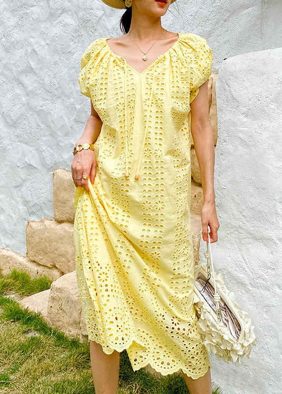 Knitted Boutique O-Neck Out Hollow Yellow Dress Cotton Long