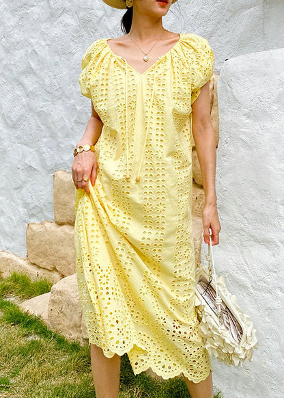 Knitted Boutique O-Neck Out Hollow Yellow Dress Cotton Long