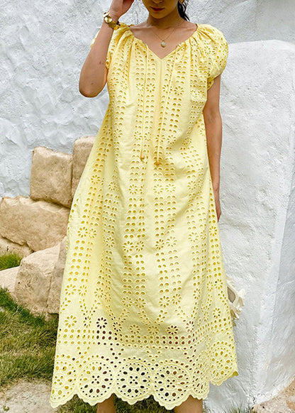 Knitted Boutique O-Neck Out Hollow Yellow Dress Cotton Long