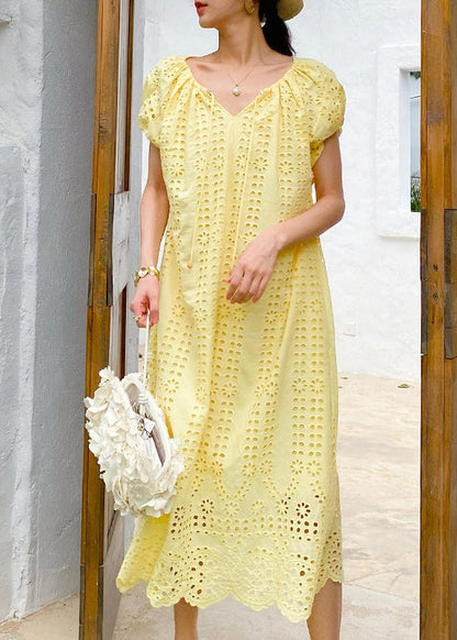 Knitted Boutique O-Neck Out Hollow Yellow Dress Cotton Long