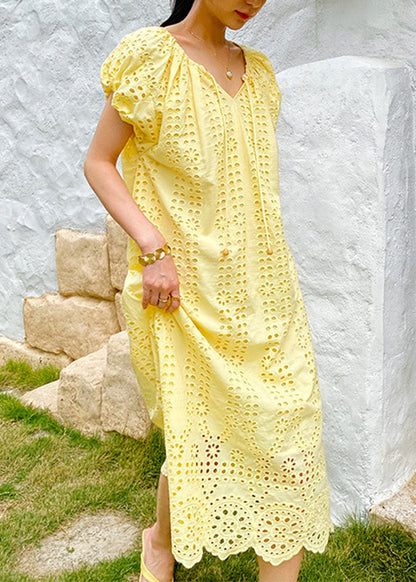 Knitted Boutique O-Neck Out Hollow Yellow Dress Cotton Long
