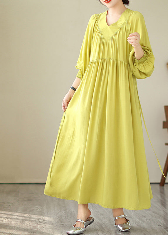 Boutique Yellow V Neck Green Long Dress Puff Sleeve VB1009