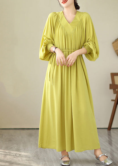 Boutique Yellow V Neck Green Long Dress Puff Sleeve VB1009