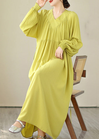 Boutique Yellow V Neck Green Long Dress Puff Sleeve VB1009