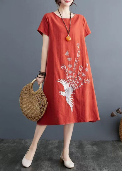 Embroidered Dress Summer Brick Linen Red Day