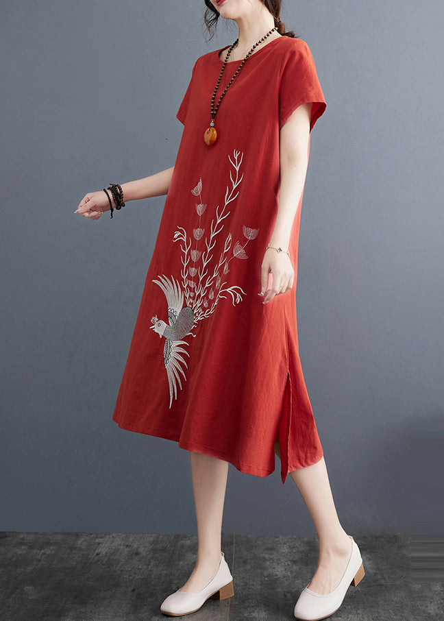 Embroidered Dress Summer Brick Linen Red Day