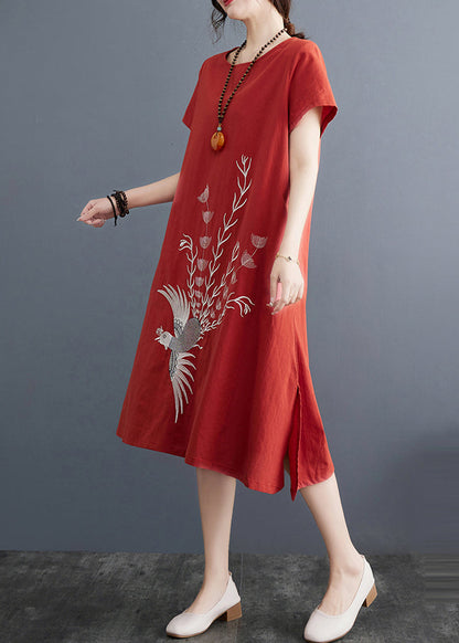 Embroidered Dress Summer Brick Linen Red Day
