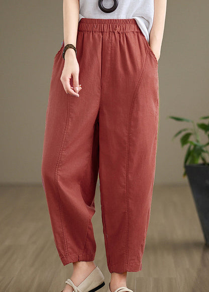 Brick Red Pockets Cotton Pants Elastic Waist Fall  QO052