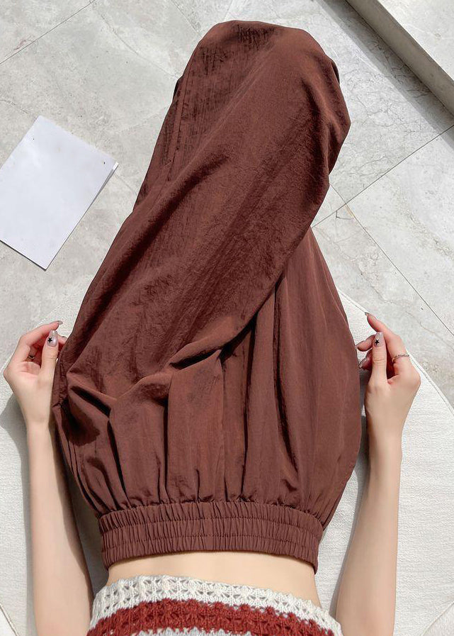 Pockets Elastic Pants Waist Brick Red Crop Solid Summer Cotton