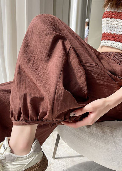 Pockets Elastic Pants Waist Brick Red Crop Solid Summer Cotton