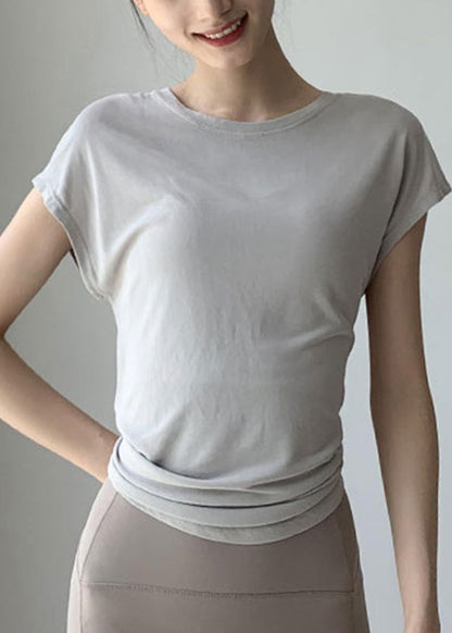 Blackish Solid Brief Wrinkled Sleeve O-Neck Short Green Top Yoga