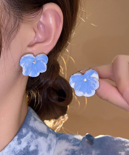 Earrings Brief Zircon Blue Alloy Floral Stud