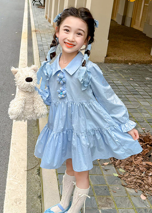 Brief Blue Peter Pan Collar Patchwork Floral Button Girls Maxi Dresses Long Sleeve YE030