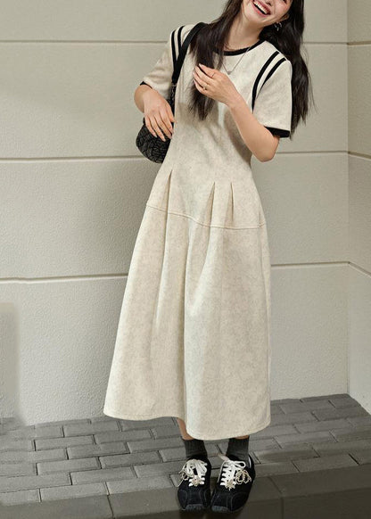 Summer Grey O-Neck Dresses Wrinkled Patchwork Brief Maxi Light