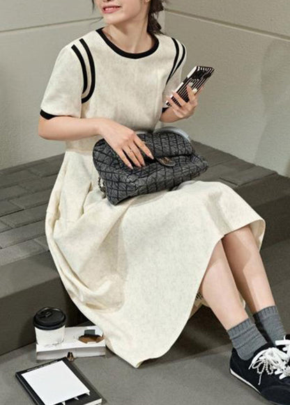 Summer Grey O-Neck Dresses Wrinkled Patchwork Brief Maxi Light