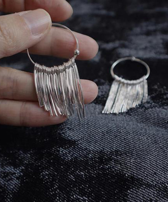 Tassel Waterfall Silk 925 Brief Hoop Earrings Silver
