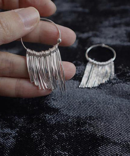 Tassel Waterfall Silk 925 Brief Hoop Earrings Silver