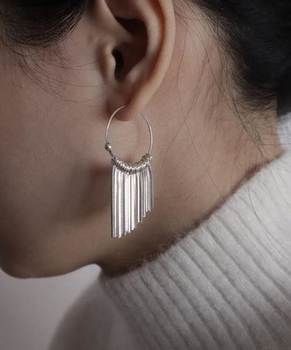 Tassel Waterfall Silk 925 Brief Hoop Earrings Silver