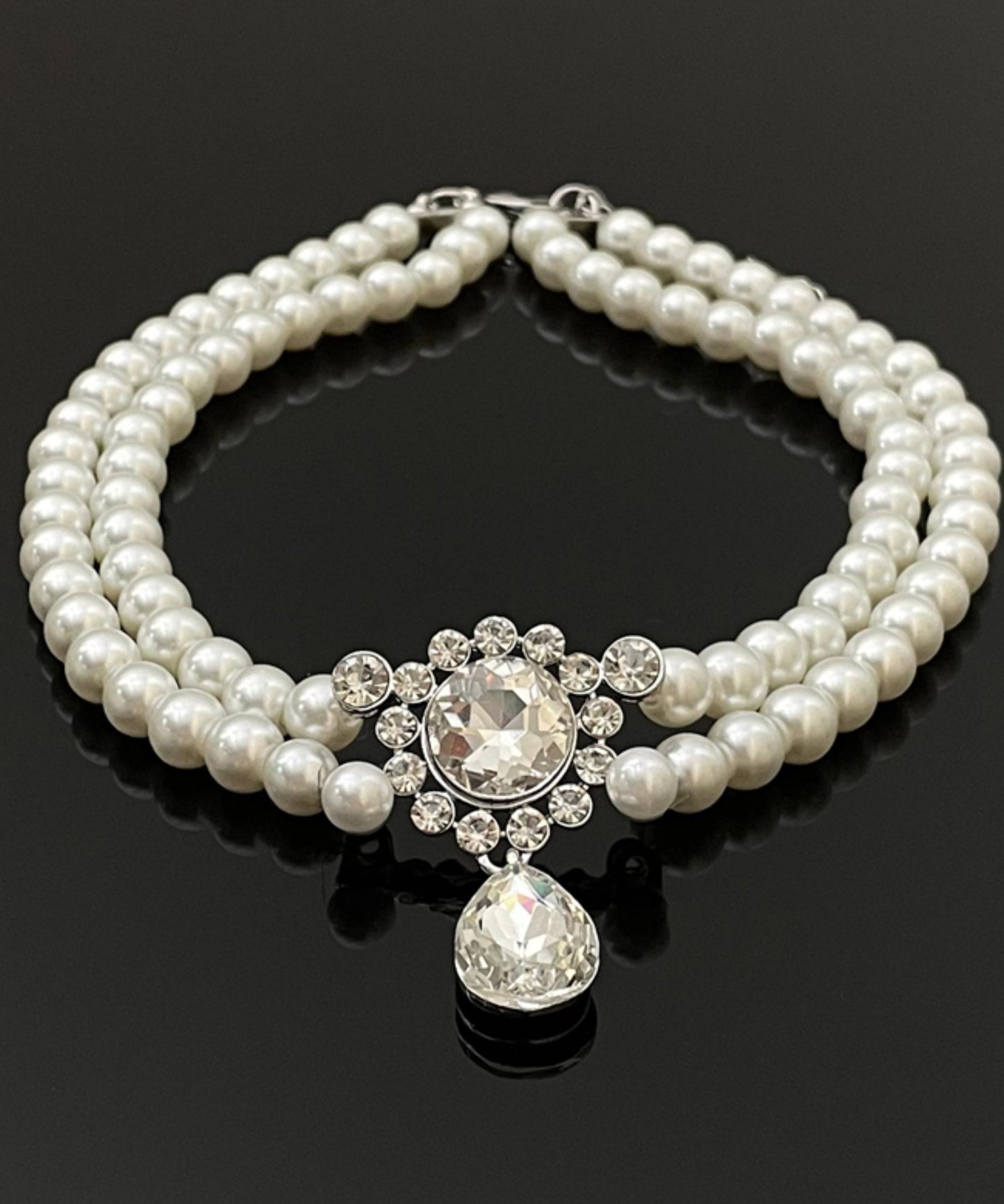 Brief White Alloy Zircon Double Layer Pearl Pendant Necklace QJ039