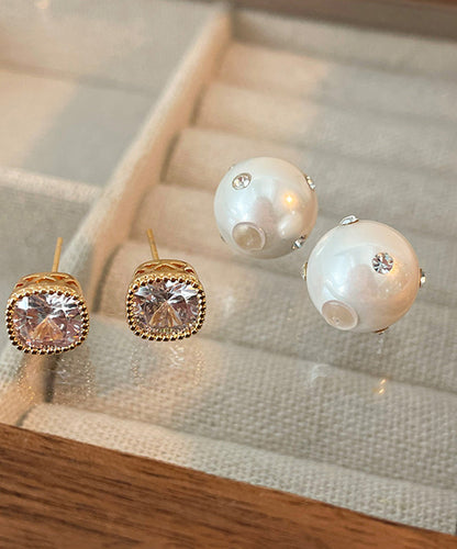 Brief White Copper Inlaid Zircon Pearl Stud Earrings QQ025