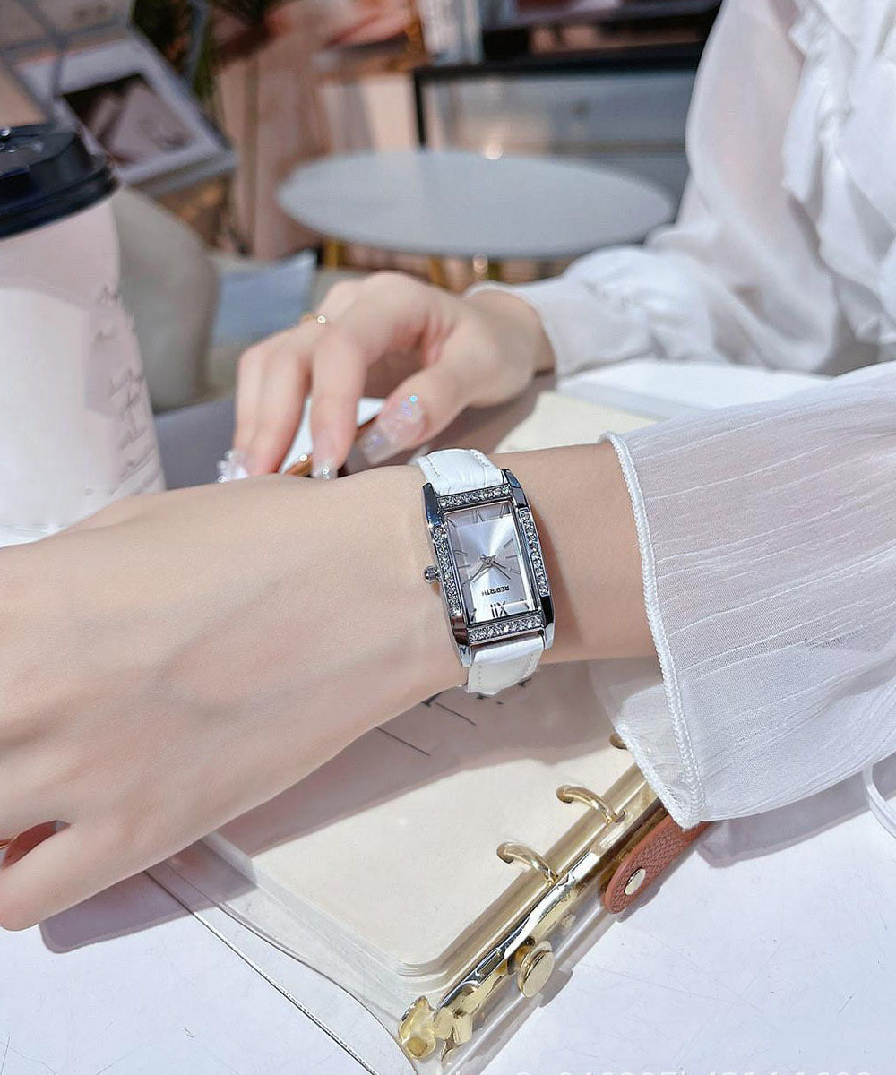 Brief Zircon Watches Leather White Square