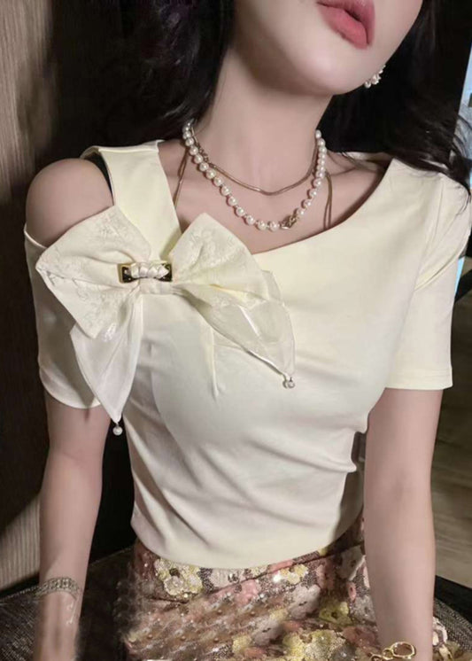 Brief White O-Neck Asymmetrical Bow Shirts Summer UU1019