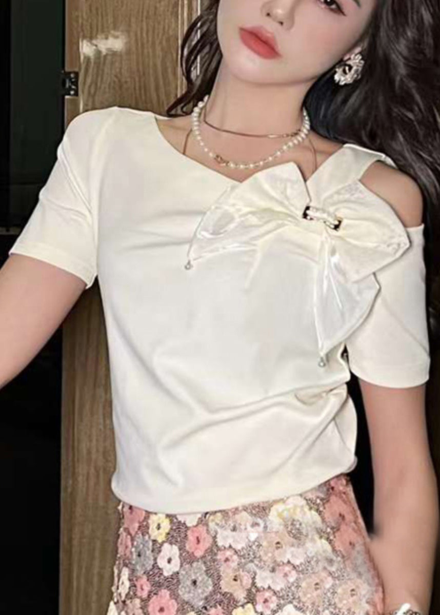 Brief White O-Neck Asymmetrical Bow Shirts Summer UU1019