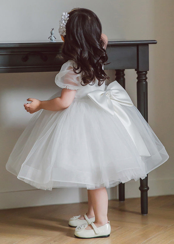 Brief White O-Neck Patchwork Tulle Girls Long Dress Summer YS036
