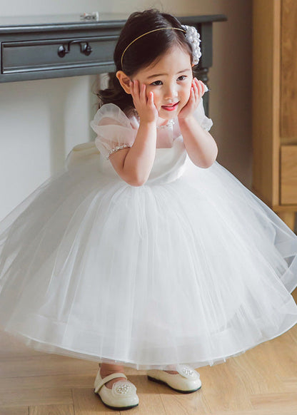 Brief White O-Neck Patchwork Tulle Girls Long Dress Summer YS036
